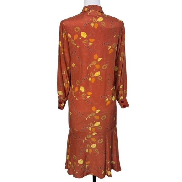 Vintage Charlotte Ford Retro 100% Silk Dress Tie Neck Collar Leaf  Rust Size 4 - Picture 3 of 12
